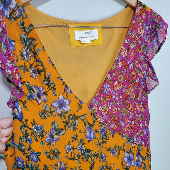 BY ANTHROPOLOGIE Floral Hanky-Hem Midi Dress Ruffle Sleeve OB1465463 Women Large - Picture 5 of 16